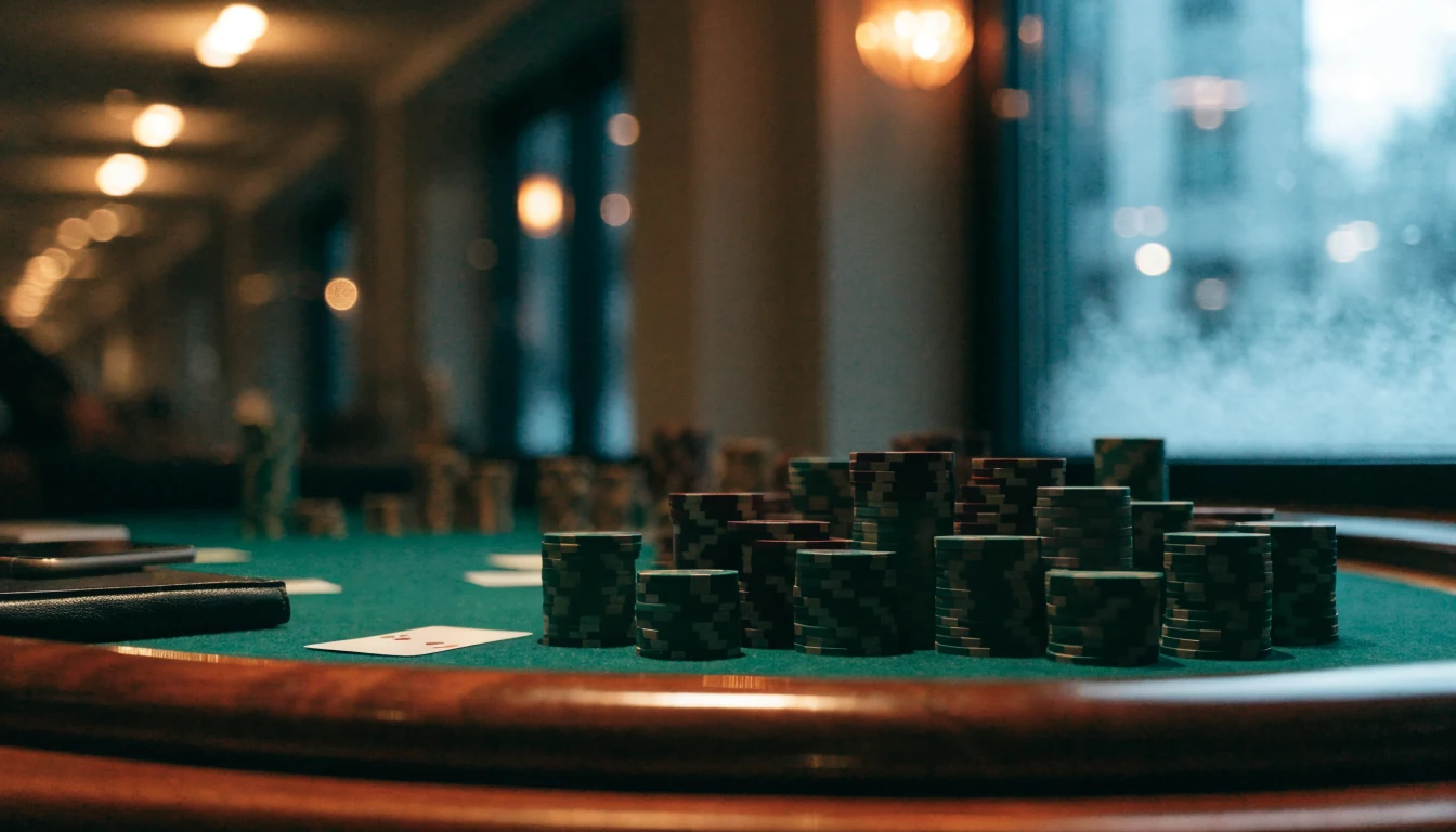 Baccarat-pöytä kasinohuoneessa, pinossa pelimerkkejä ja kortteja