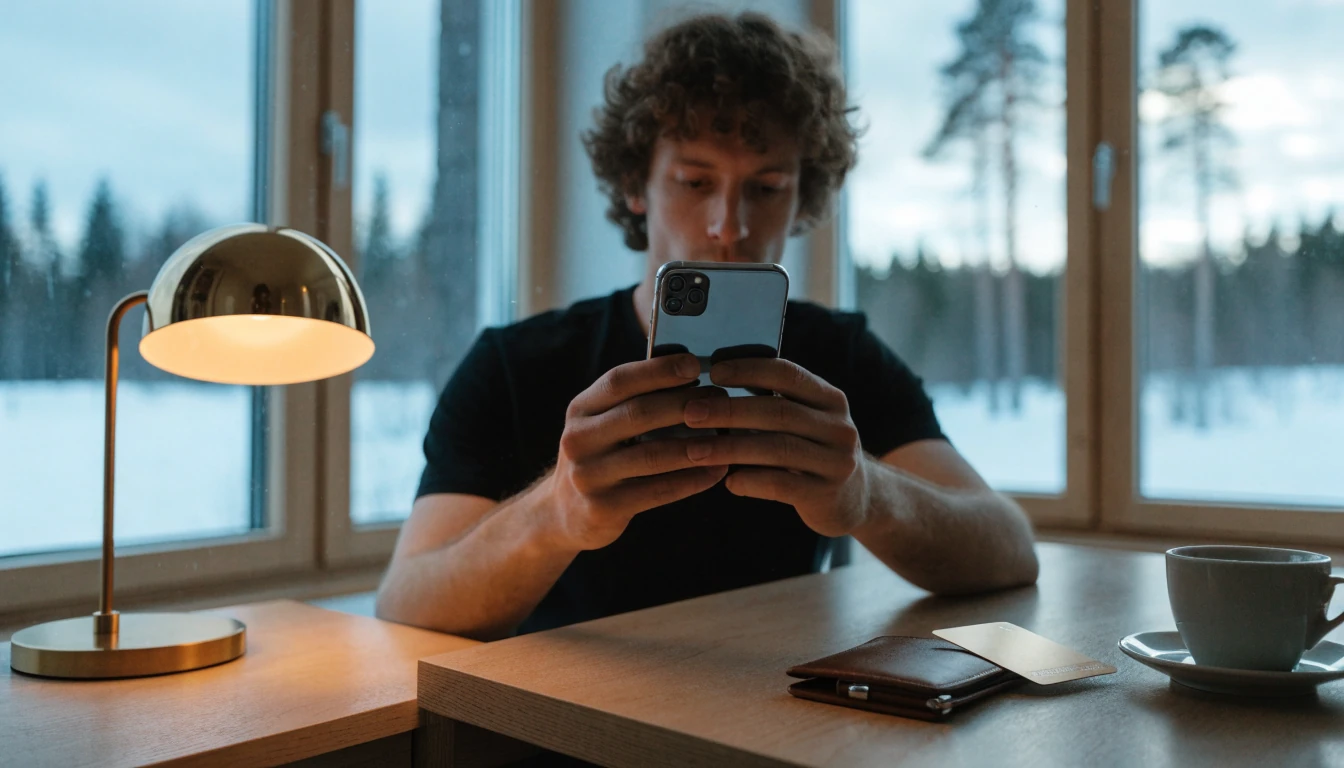 Suomalainen mies älypuhelimen kanssa skandinaavisessa kodissa, maksukortti pöydällä