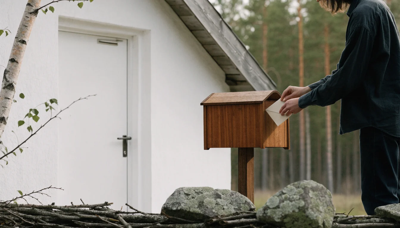 Kirje suljetaan postilaatikkoon suomalaisen talon pihalla